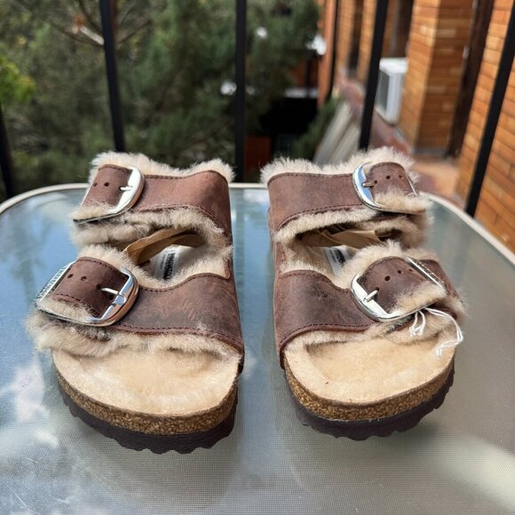 New Birkenstock Arizona Big Buckle Shearling Sandals Leather Brown US 8 / EUR 39 - Picture 5 of 14